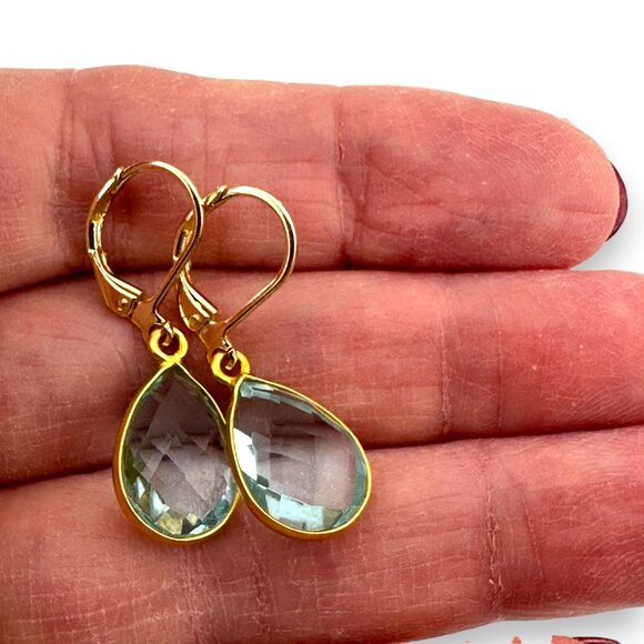 Aquamarine Earrings 18KT Gold Filled Leverbacks Vermeil Bezel Setting - Picture 9 of 13